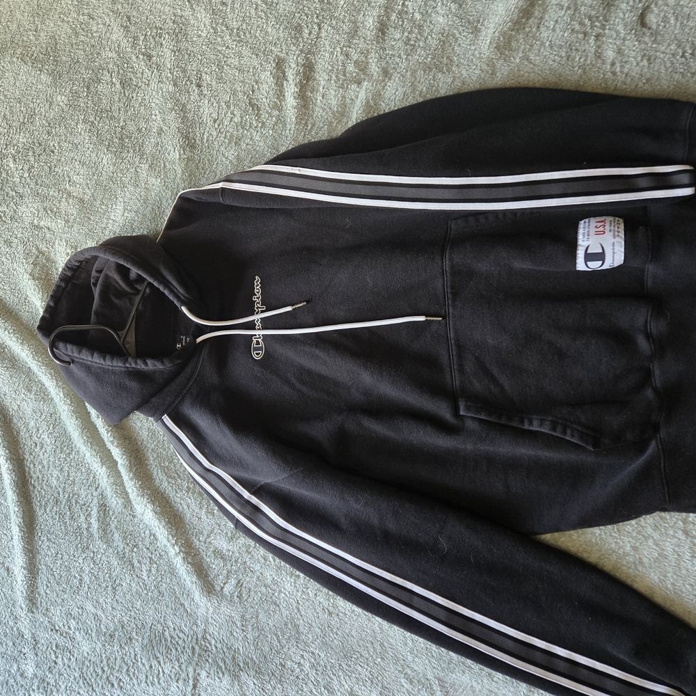 Champion Black Hoodie with White Stripes